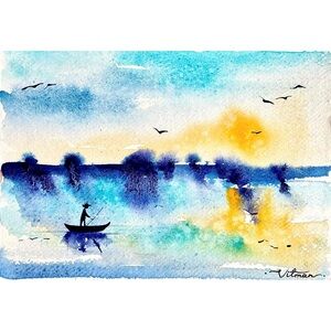 🌅 Echo Valley – Original Blue and Yellow Watercolor Painting, Dreamy Lake Art 💫